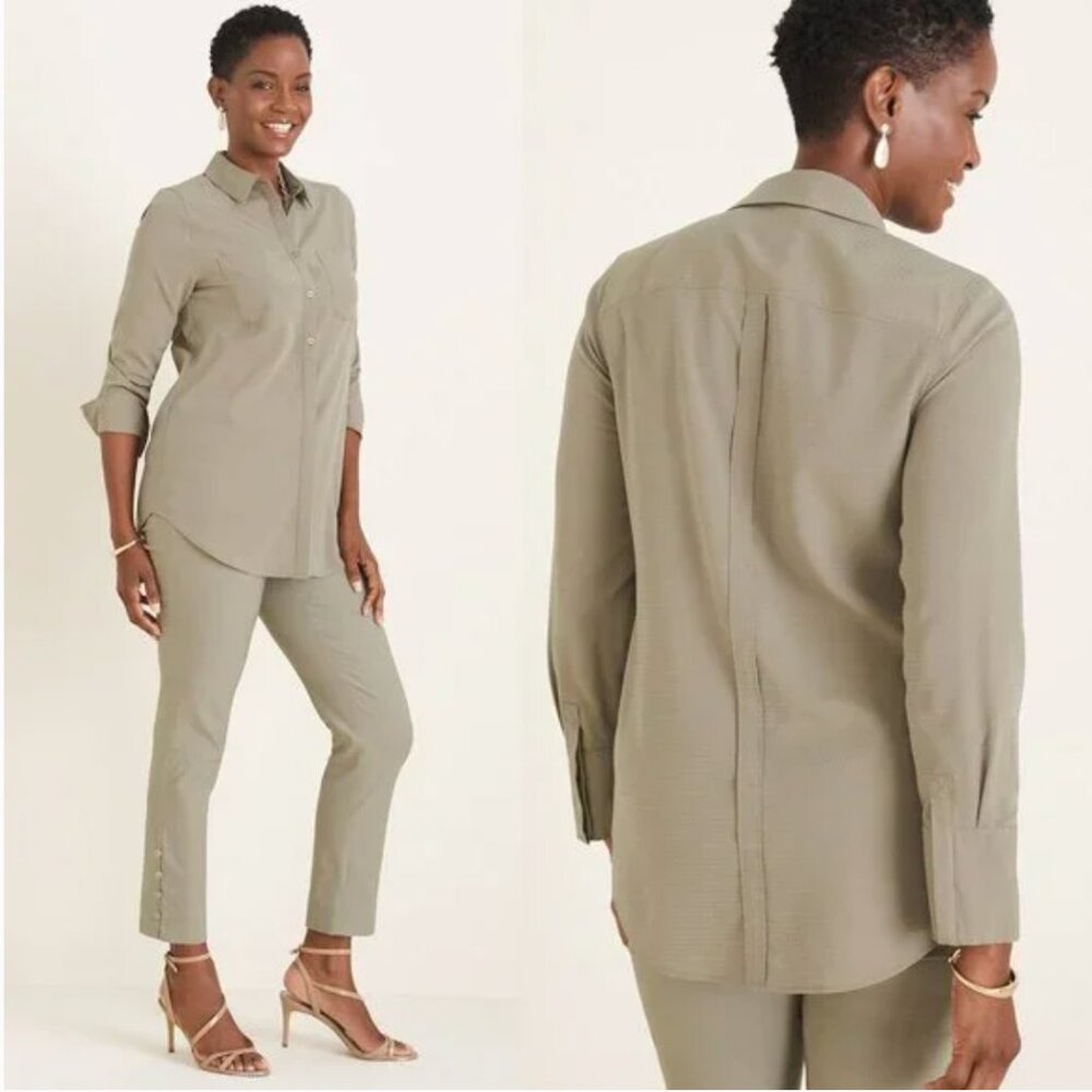 Chico's Silky Soft Dobby Half-Placket Shirt Modal in Vetiver Button-Up XXL NWT
